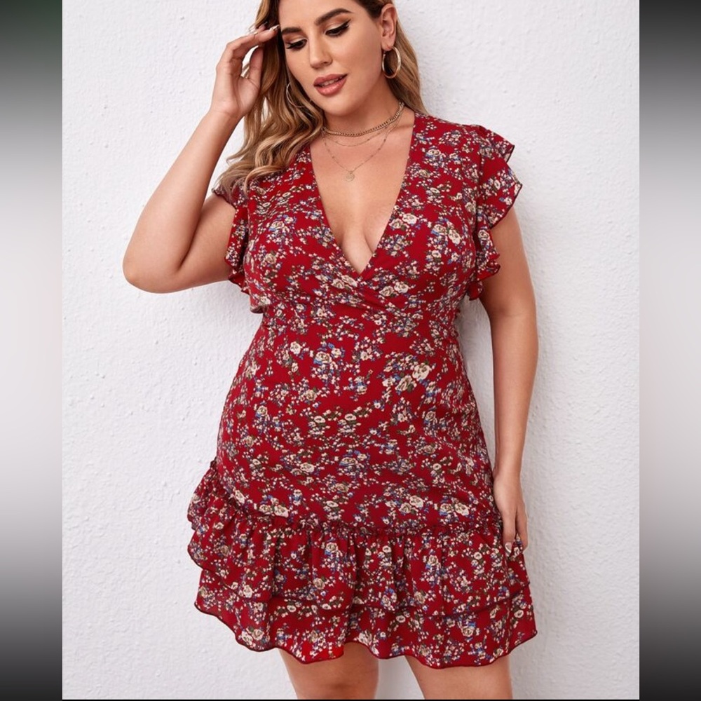 SHEIN Plus Red Floral Print Tied Open Back Ruffle Dress Size 4XL